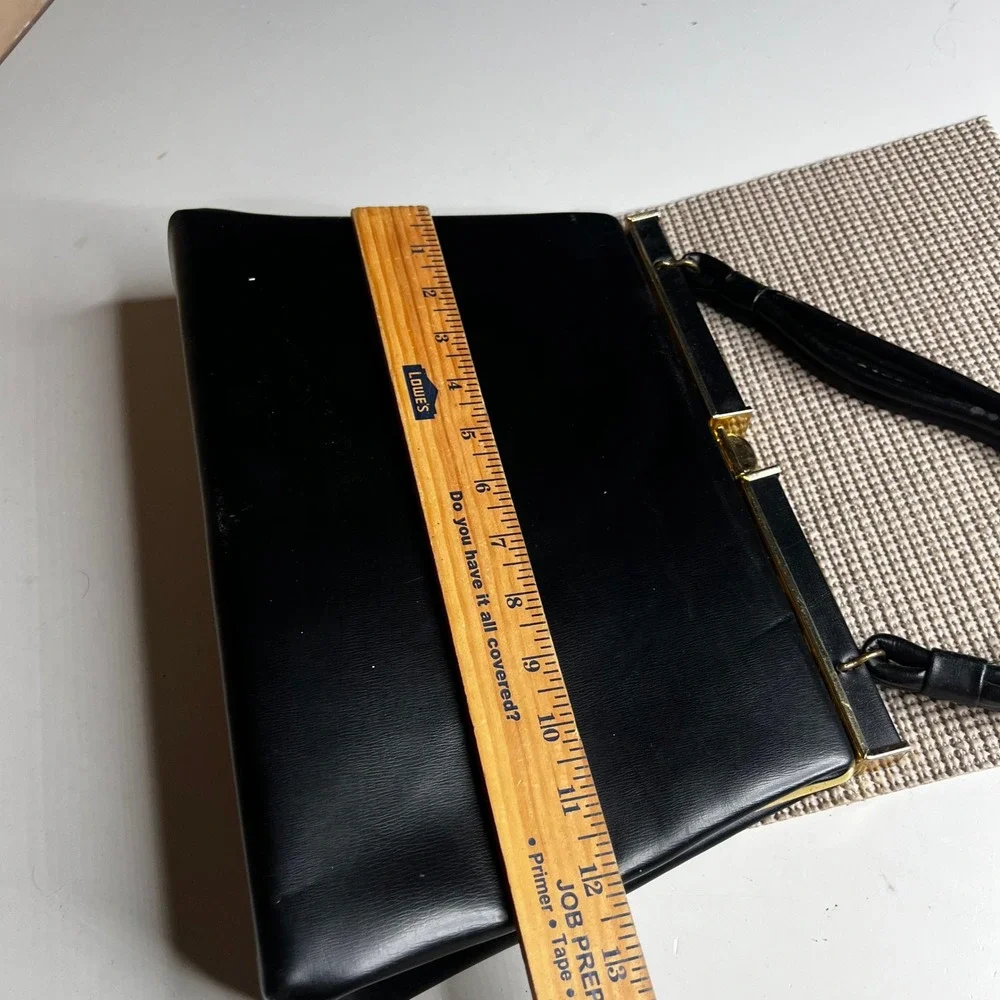 Vintage Dover Black Faux Leather Handbag Gold Tone Frame Kiss Lock Top Bag